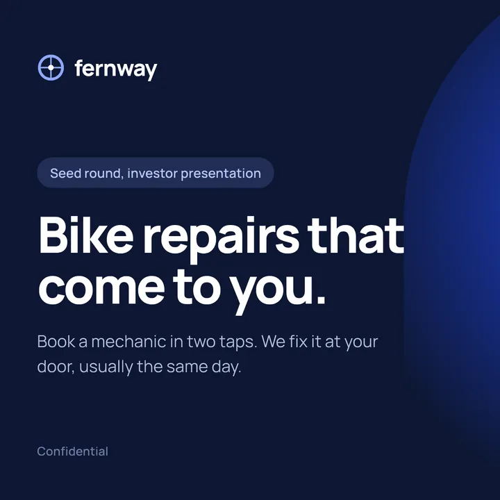First slide of a pitch deck for a bike repair app, with its booking screen on a phone