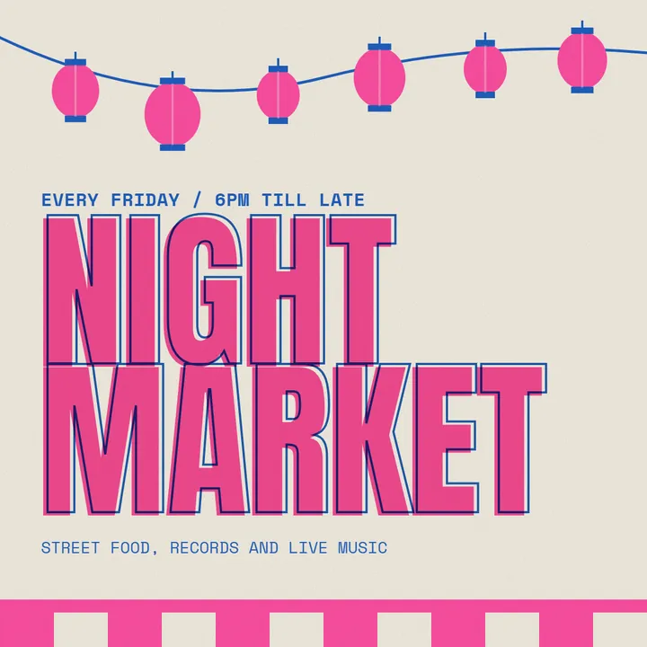 Night market flyer with paper lanterns above large pink lettering