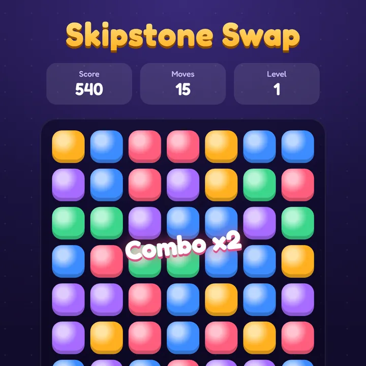 Puzzle game board of coloured stones, with a score and a combo message