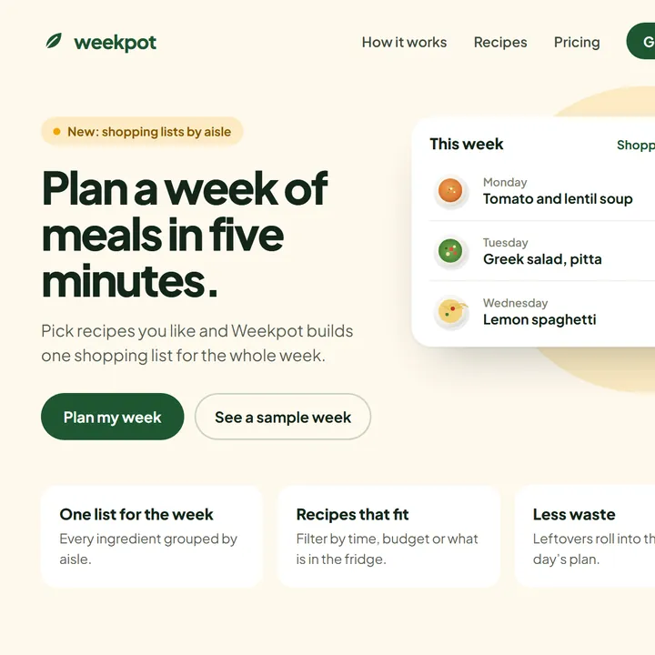 Landing page for a meal planning app, with three dinners from the week beside the headline