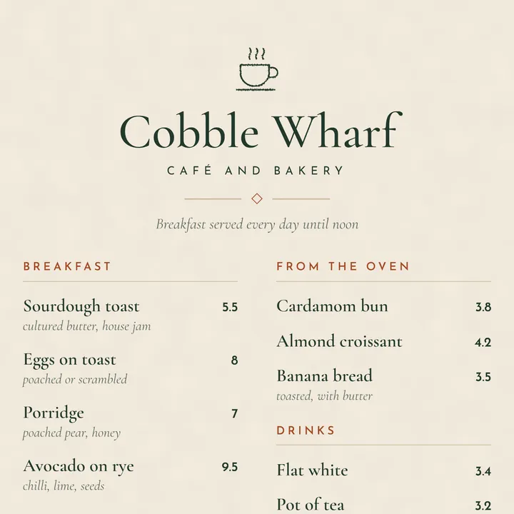 Breakfast menu for a café and bakery, with prices beside each dish