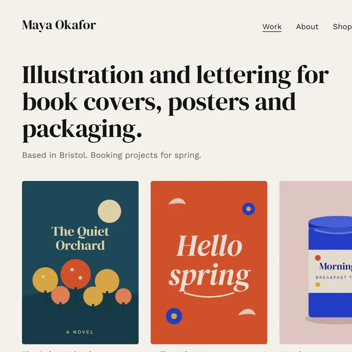 Home page of an illustrator's portfolio, with a book cover, a lettered poster and a tea tin