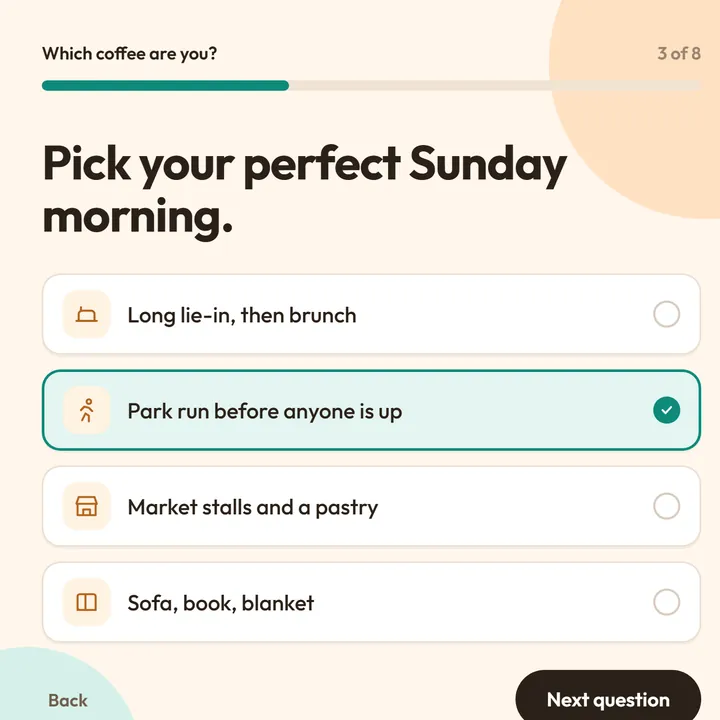 Quiz question asking for a perfect Sunday morning, with one of four answers picked