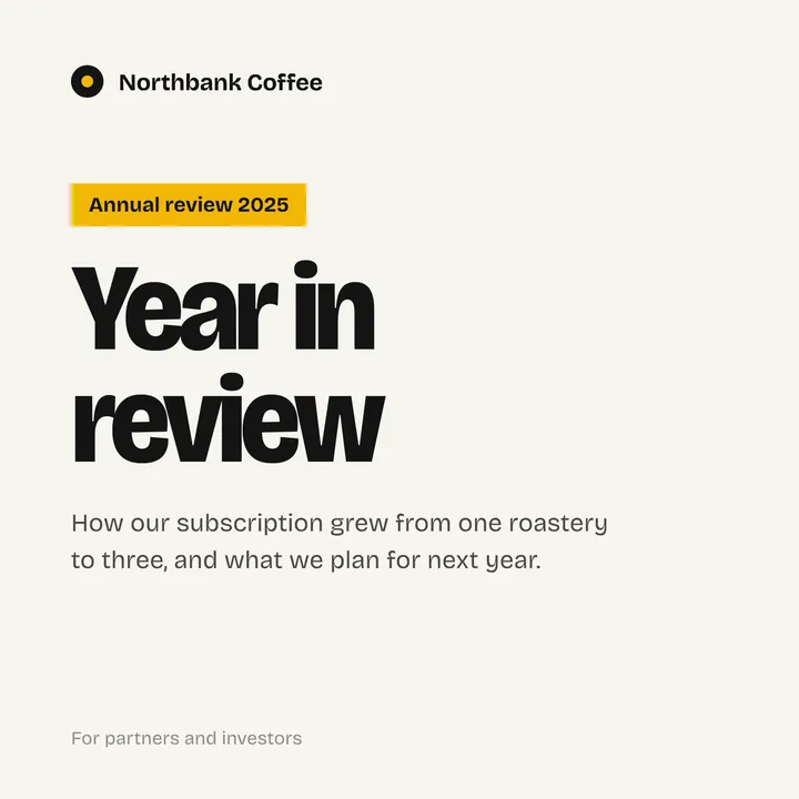 Cover of a coffee company's annual review, with a bar chart of subscribers by year