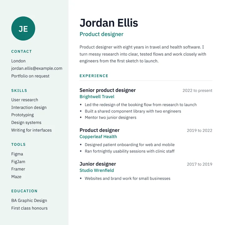 One-page resume for a product designer, with contact details and skills in a side column
