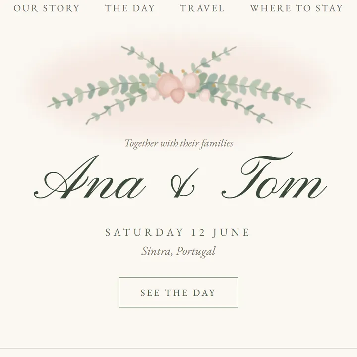 Wedding website home page with a eucalyptus garland above the names Ana and Tom